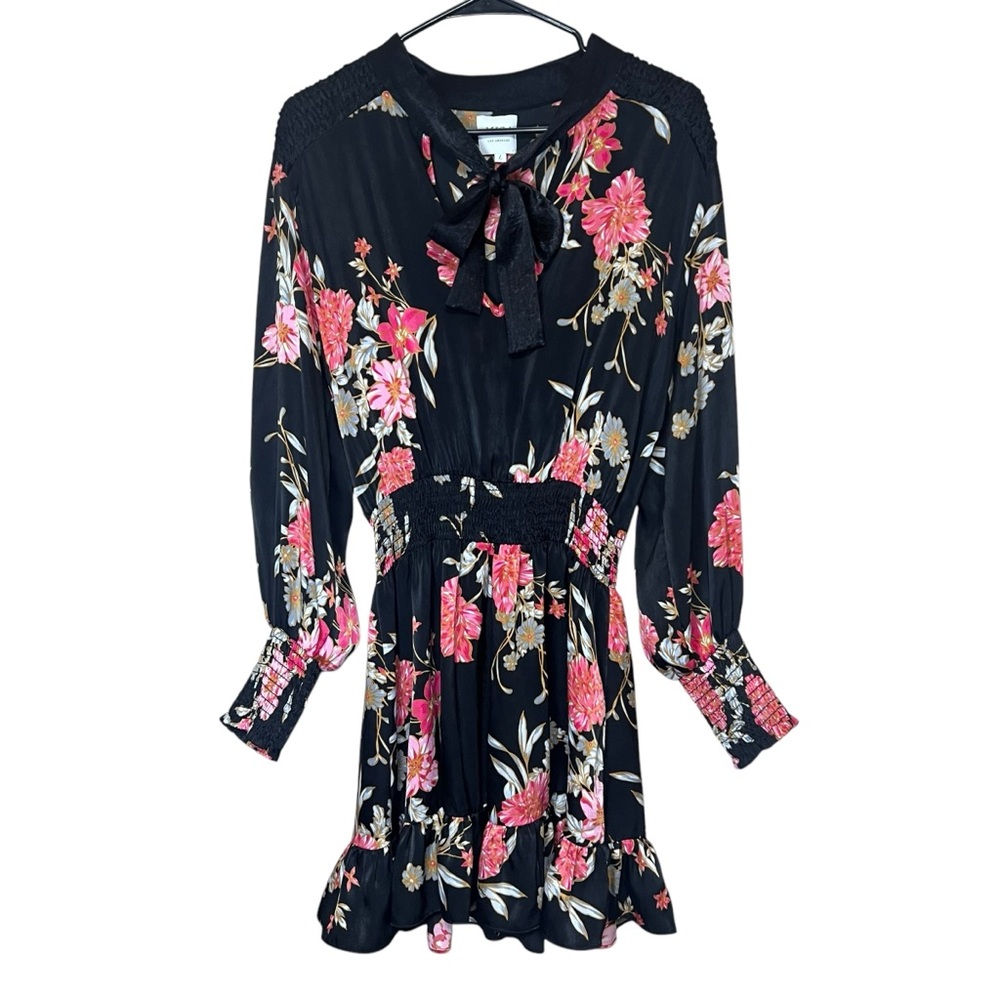 Misa Los Angeles Iyana Tie-Neck Smocked Waist Mini Dress Black Floral Size Large - Picture 4 of 10